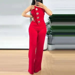 ChicMe 2026 Asymmetrical Bandeau Valentine's Day Strapless Jumpsuit Metal Button Decor Wedding Guest Casual Overalls Women's Outfits Wedding Party Chic