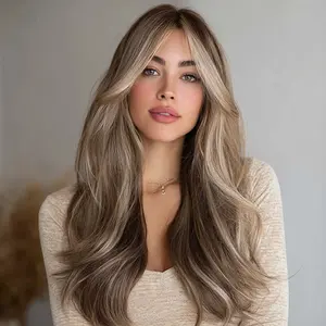 SMILCO/24Inch Highlight Brown Gray Synthetic Wig With Curtain Bangs/Long Bodywave  Hair/SM382