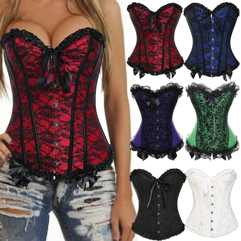 Overbust Corset Tops for Women Renaissance Corset Halloween Lace Lingerie Push Up Bodyshaper Top with Bustier Pirate Costume Bustier Tops, Women Tummy Control Shapewear Waist Trainer Lingerie Bustier Top Plus Size S-6XL