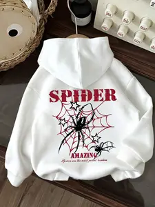 Spider Print Hooded Adjustable Drawstring Sweatshirt, Unique Halloween Top, Spider Web Hoodie, Comfortable, Stylish & Casual, Easy to Pair, Must-Have Closet Addition, Soft Knit Fabric Loose Fit Womenswear