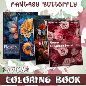 4pcs Adult Coloring Book Set, Art Activity Coloring, Flower World, Butterfly, Vivid Themes, Designs for Mindfulness & Leisure, Beginner-Friendly, Thick Paper, Spiral Bound & Saddle Stitch, Perfect Gift for Christmas, Valentine's Day