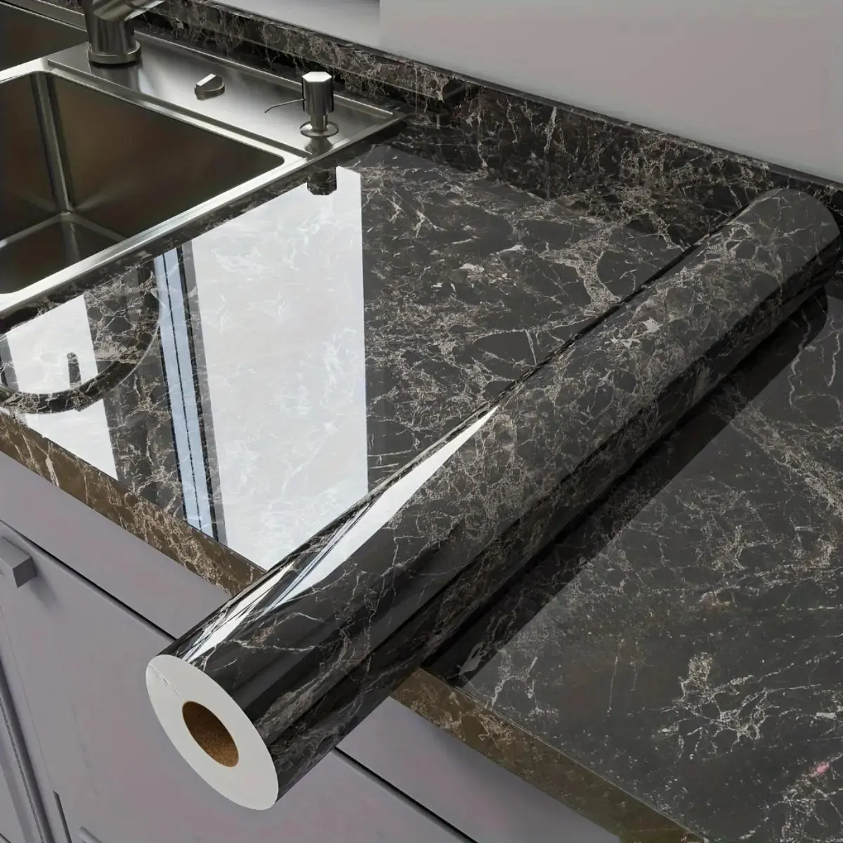 Premium Glossy Marble Peel-and-Stick Wallpaper, Glue-Free Pre-Pasted Self-Adhesive Furniture Stickers - Waterproof, Heat-Resistant, Oil-Proof, Removable, No Residue for Kitchen Countertop Backsplash, Kitchen Decor, Bathroom Renovation