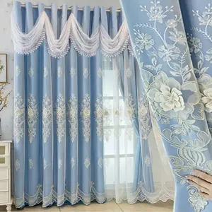 1pc European Floral Embroidered Curtains, High Precision Fabric & Sheer Combo, 100% Light Blocking, Wave Curtain Head, Top Hanging Design, Window Curtain, Home Decoration Curtain