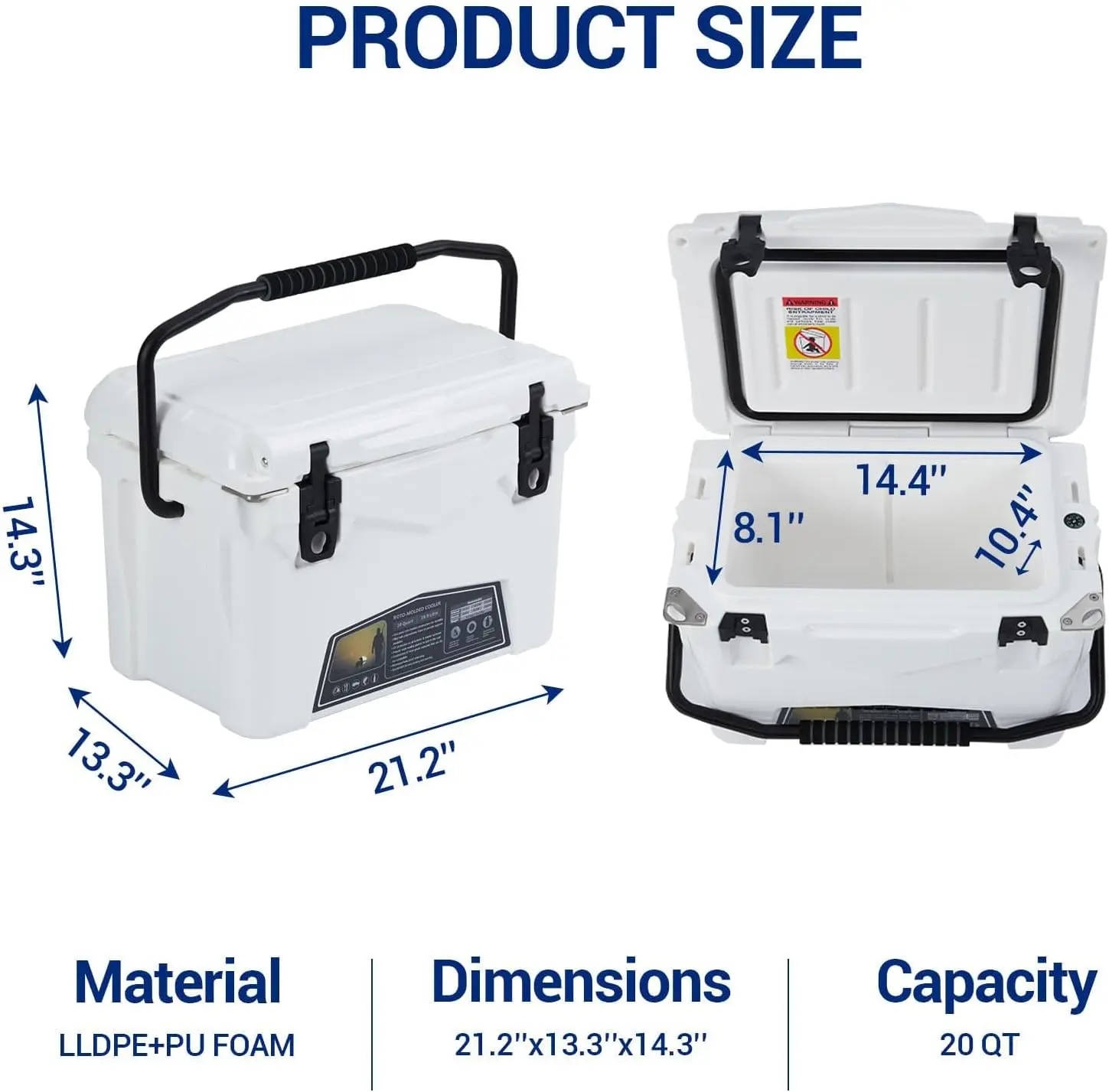 White Hard Insulated Portable Cooler with Heavy-Duty Handle, 5-Day Ice Retention, Handy Bottle Opener, Anti-Slip Footpads & Surface, Drain Outlet, Easy-Open Lid, LLDPE+PU Foam for Camping, Fishing, Family Gatherings, Picnic