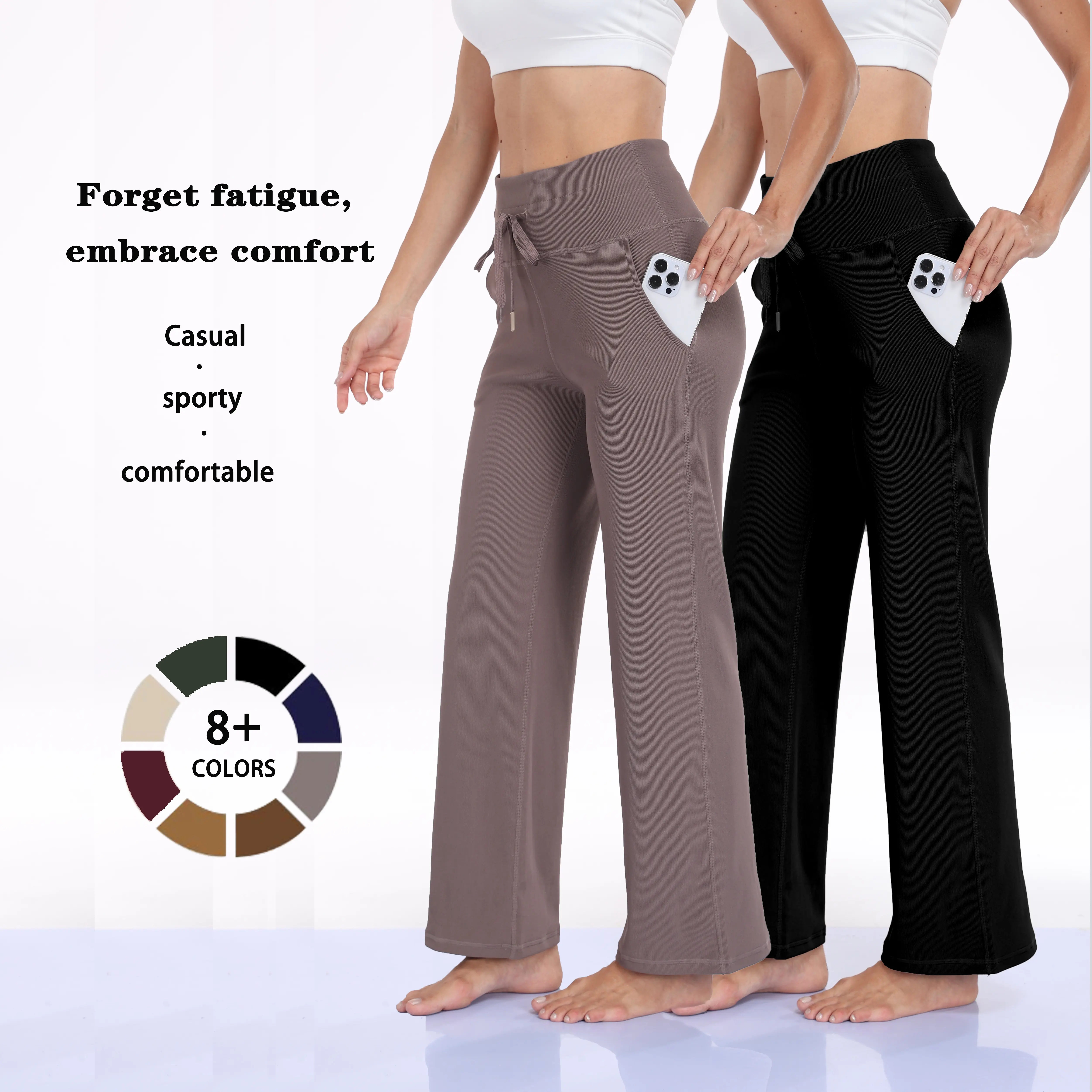2-piece set, women's casual loose high waisted wide leg pants, slanted pocket design, elastic fabric, suitable for both sports and home wear, long solid color design, daily commuting and casual wear, minimalist bottoms, basic style, KZ02