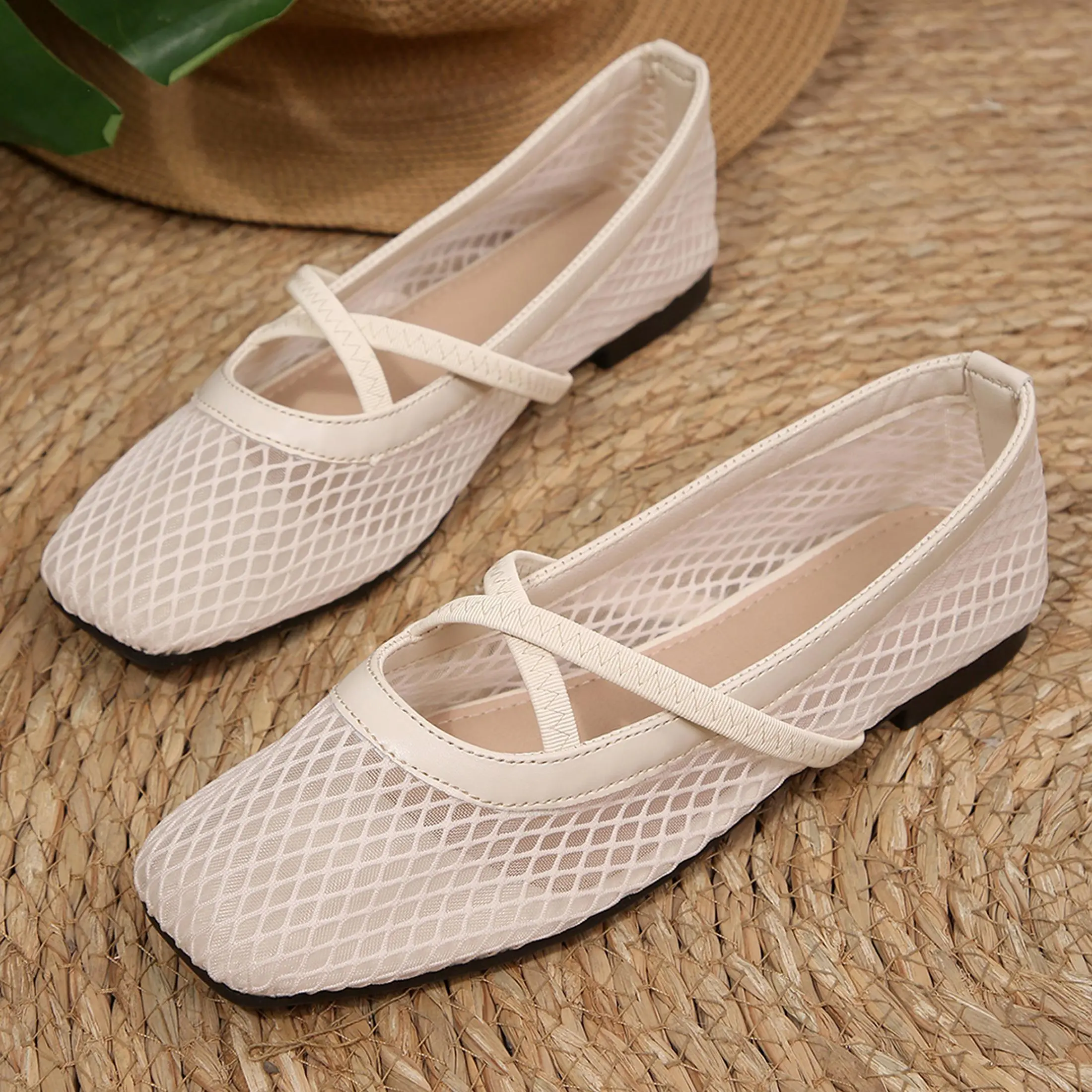 Sandals for Women Mesh Ballet Flats Crisscross Strap Fishnet Summer Woven Square Toe Breathable Walking Shoes