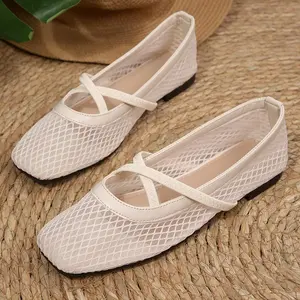 Sandals for Women Mesh Ballet Flats Crisscross Strap Fishnet Summer Woven Square Toe Breathable Walking Shoes