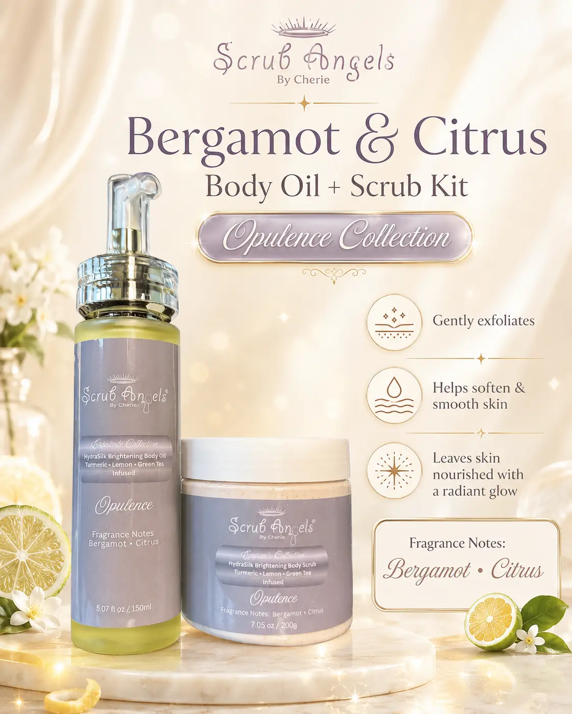 HydraSilk Opulence Line Body Care Set - Bergamot Blend & Citrus Aroma Nourishing Scrub+Oil Duo for Bath Day, Unisex, All Skin Types, Lemon-Infused, Smoothing, Exfoliating, Moisturizing