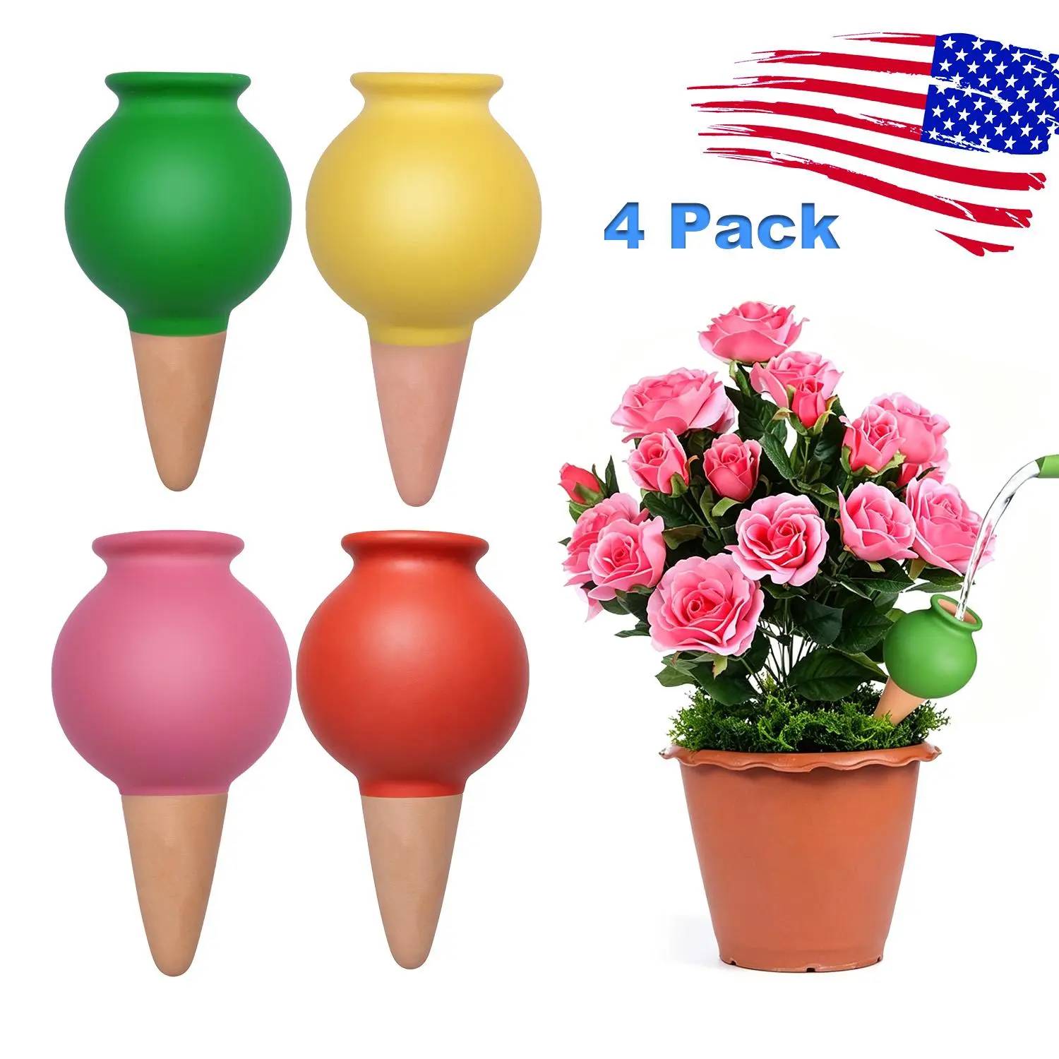 4 Pack Terracotta Watering Spikes, Self Watering Globes, Slow Release Self Watering Planter Insert, Plant Watering Globes for Indoor and Outdoor Plants homedecor