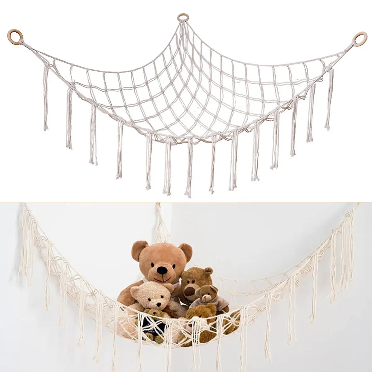 Large Capacity Handmade Eco-Friendly Durable Open-Top Cotton Woven Storage Basket - Space-Saving Corner Toy Net Hammock Organizer for Stuffed Animals, De-Clutters Kids Bedroom & Nursery, Boho Home Organizer