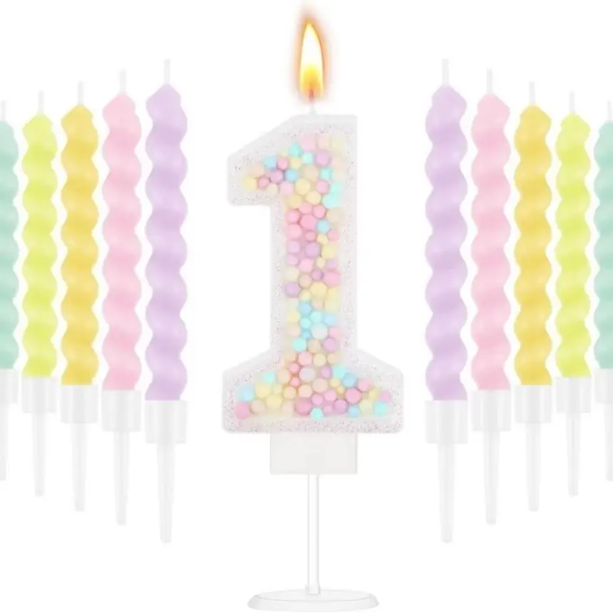 Macaron Pastel Glitter 3D Number Candle Set, Includes 12 Pcs Rainbow Spiral Candles in Holders, Perfect for Girls & Boys' Birthdays