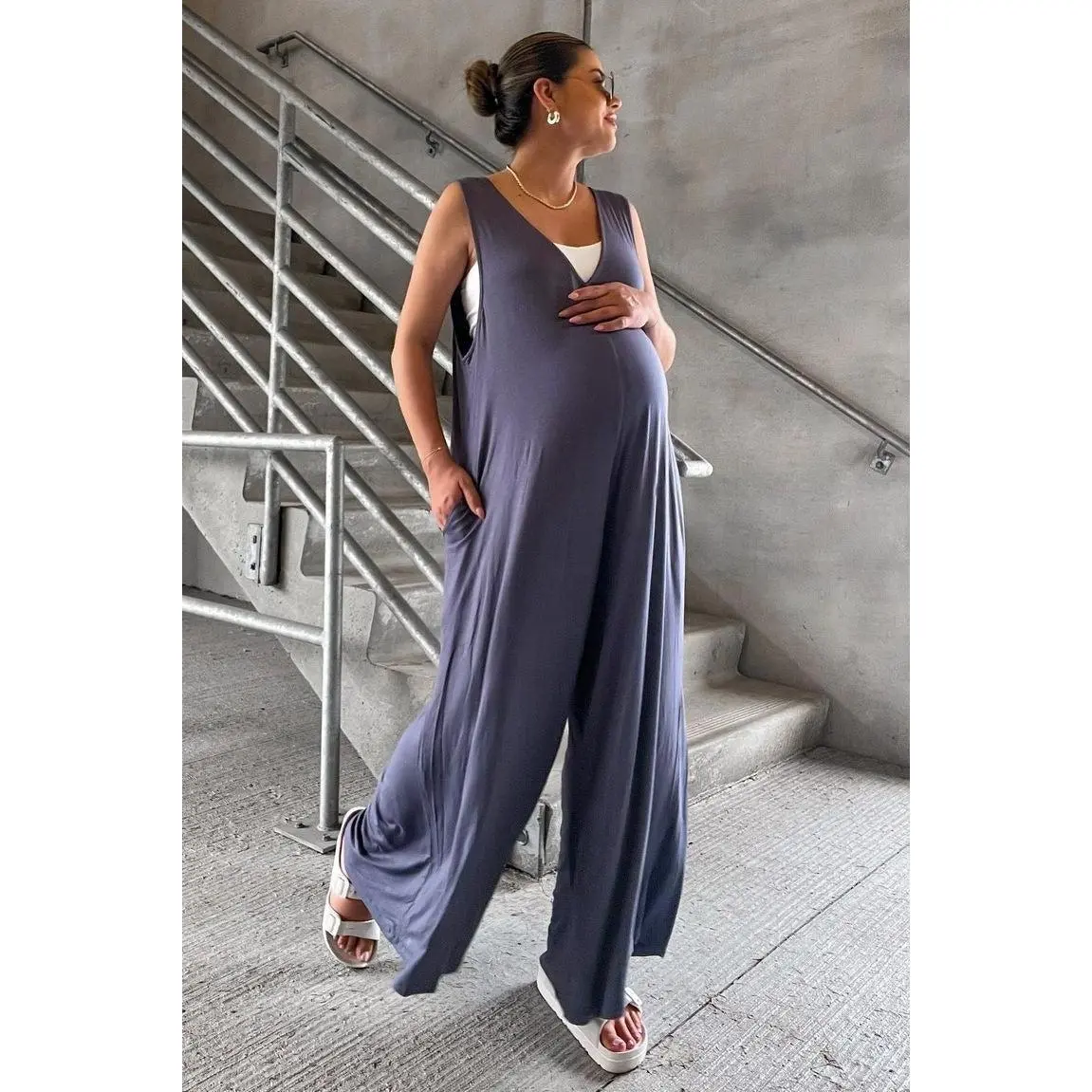 Blue Deep V Sleeveless Wide Leg Maternity Jumpsuit