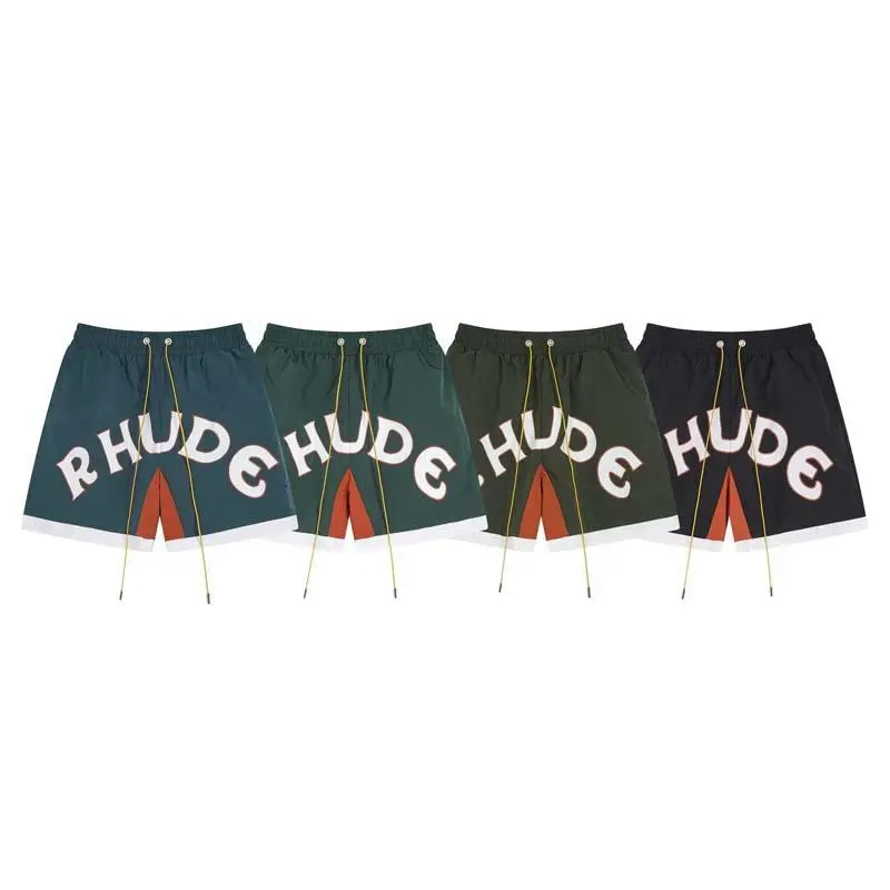 RHUDE Men Women Color Block Letter Print Casual Shorts, Elastic Drawstring Five-Point Shorts, Summer Loose Streetwear Running Beach Shorts Unisex