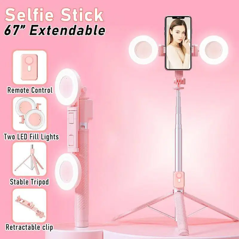67 Multifunction Selfie Stick Tripod with Dual Fill Ring Lights, 360° Rotation, New 6-in-1 Bluetooth Remote Compatible with iPhone/Android/iPad/iOS for Photo/Video/Live/Music/Vlog Stand Content Gifts Wireless Pink, Accessories, Smartphone