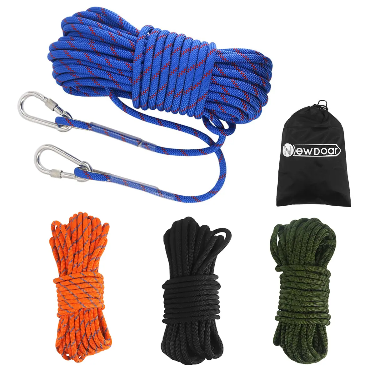 NEWDOAR 10mm 23KN Static Rescue Rope - CE & UIAA Certified, 2 Steel Carabiners Included, Protective Gear for Climbing, Rappelling (10m-50m Lengths, Multiple Colors), Polyester, Hook Carabiner, Stainless Steel, Magnet Fishing, Rock Climbing, Varied Lengths