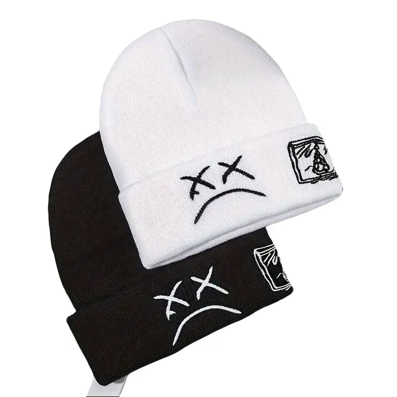 Unisex Sad Face Embroidered Knit Hat, Hip Hop Cuffed Skull Cap, Warm Winter Headwear, Black & White Machine Washable Beanie for Men and Women,father's day gifts