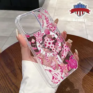 Magnetic Soft Case for iPhone 15 16 14 Pro Max 13 12 11 XR XS Plus E Marine Pink Reverie Pattern Anti-Yellowing Shockproof ultra-thin Silicone Crystal Transparent Acrylic Large Hole Cover Supports Wireless Charging