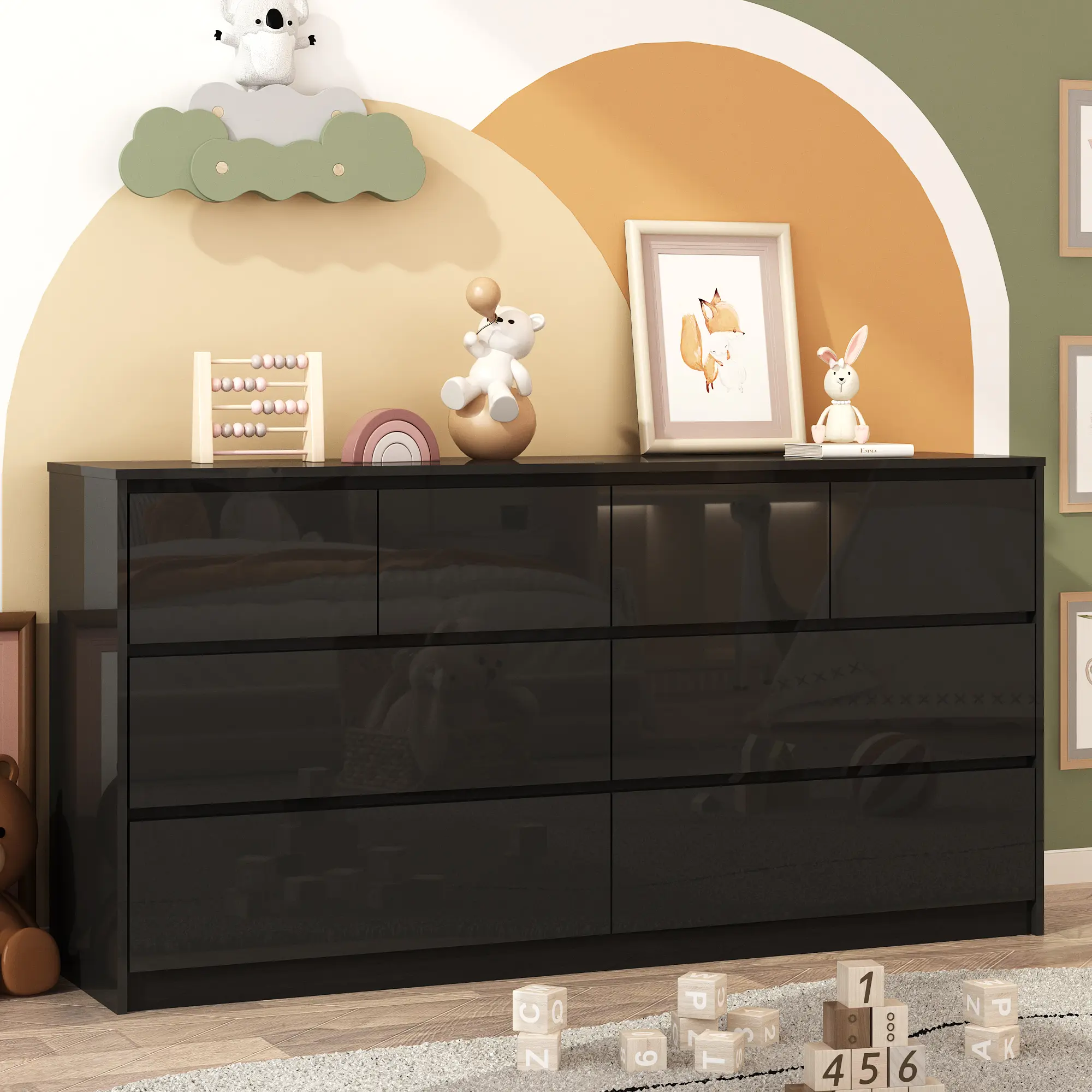 8 Drawers/9 Drawers/12 Drawers Dresser for Bedroom, 59" Wide 41" Tall High Gloss Dresser , Modern Large Wood Chest of Drawer Handle Free, Living Room, Entryway, Hallway, Black/White