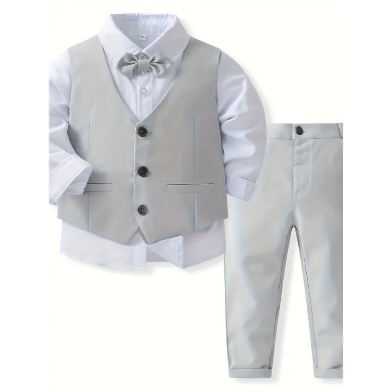 Toddler Boys' 2-Piece Formal Cotton Vest & Pants Set, Regular Fit All-Season Party Wear for Weddings, Solid Color, All Seasons