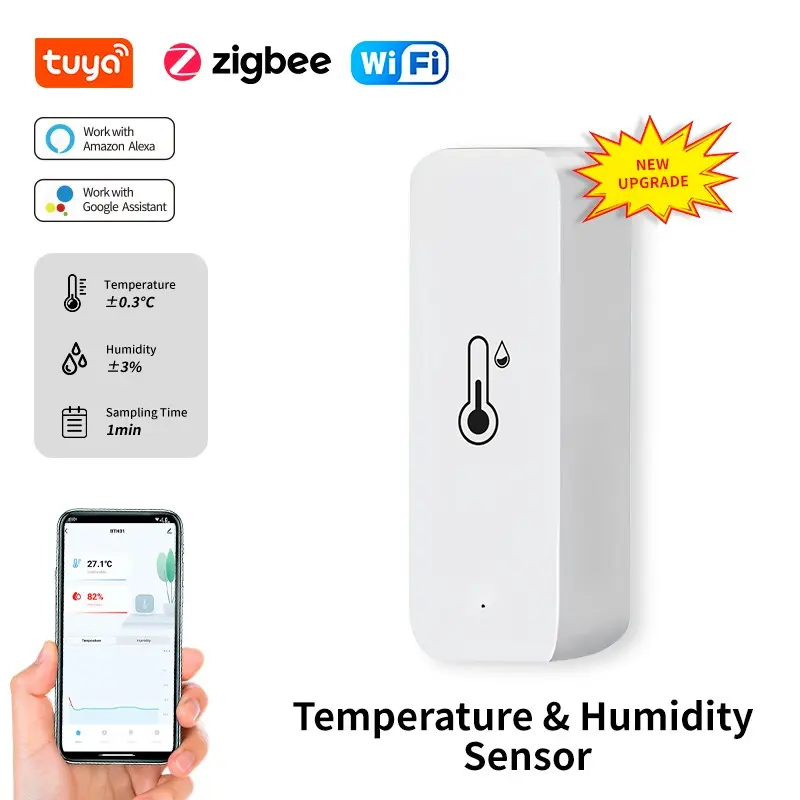 Smart Temperature Humidity Sensor with APP Control, Compatible with Alexa Google Assistant, Bluetooth-compatible/WiFi Enabled, Abs Material, Wireless, Home, Indoor Temperature Monitor