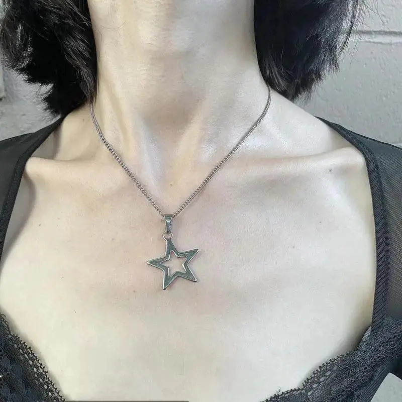 Y2K Titanium Star Pendant Necklace, Minimalist Lightweight Durable Thin Chain Jewelry, Dainty Trendy Fashion Accessory For Daily Street Styling Summer Beach Vacation Casual Outfit Matching Party Dating Daily Collocation