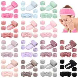 Face Washing Headband & Wristband Set, Adjustable Headband, Elastic Headbands, 1 Count Magic Tape Headband & 1 Count Bowknot Headband & 4 Counts Wristband, Facial Skin Care Tool for Women, Hair Bows Headbands