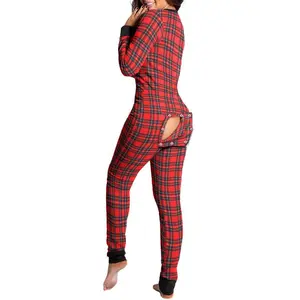 Women's Onesie Butt Flap Pajamas Christmas Long Sleeve V-Neck Bodycon Sleeping Romper Detachable Crotch Home Clothes