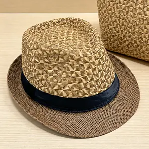 1pc Two-Tone Straw Fedora Hat, Breathable Woven Trilby Hat with Black Satin Band, Classic Short Brim Sun Hat for Men & Women, Perfect for Beach, Party, Outdoor