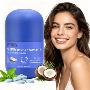 ADJANISS Coconut Tooth Solid Toothpaste, chewable and rinseable portable solid tablets, contains probiotics to help freshen breath; the hydroxyapatite in the formula helps promote remineralization and whiten teeth through brushing; 50 tablets / 30 grams