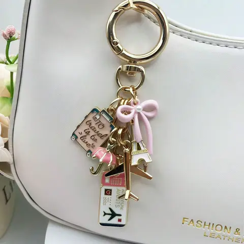 Bow Travel Keychain Pendant, Fashionable Alloy Keychain, Travel-Themed Keychain with Bow/Tower/Airplane Charms Airplane Keyring,Trip Keychain Pendant Men Women's Keyring Decoration Bag Handbag Charm for Backpacks,Car Accessories Charm, Keychain For Bags