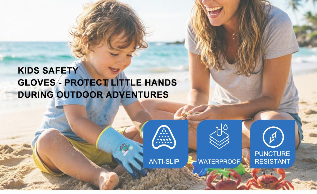 3Pairs Kids Protective Work Gloves for Boys Age 5-12 | Light Blue Anti-Slip Grip | Perfect for Beach, Gardening & Pet Handling