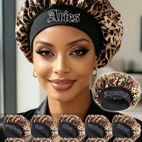 12 Constellations Leopard Print Smooth Satin Night Sleep Cap, Lightweight Breathable Daily Hair Care Hat, Reduce Friction Prevent Frizz Unisex Sleeping Cap, Bonnets for Sleeping