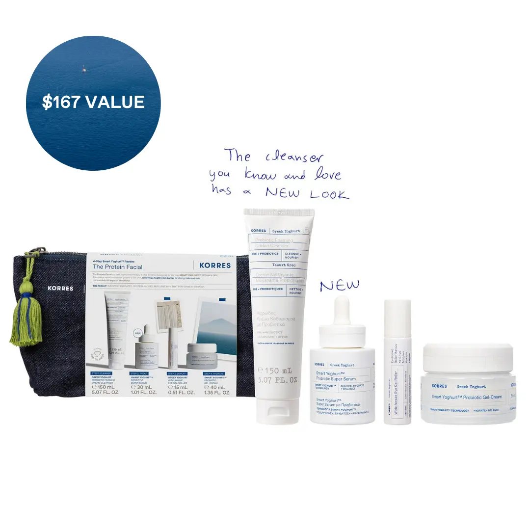 Protein Facial Kit, 4-Step Ritual with Greek Yoghurt Foaming Cleanser, Probiotic Super Serum, Wide Awake Under Eye Gel, & Probiotic Gel Cream, 4 Full Size Products | KORRES