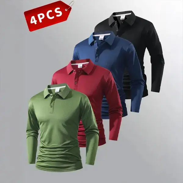 4-pack men’s long-sleeve polo shirts – soft, skin-friendly fabric; fashionable, practical apparel; suitable for everyday wear, office commuting, home, and golf; men’s sports casual tops.