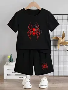 Spider-Man Themed Spider-Print Children's Set, Summer New Style, Unisex Boys' And Girls' Short-Sleeved T-Shirts + Shorts 2-Piece Set, Comfortable, Breathable, Casual, Fashionable And Versatile For Daily Wear, Ideal Gift Choice