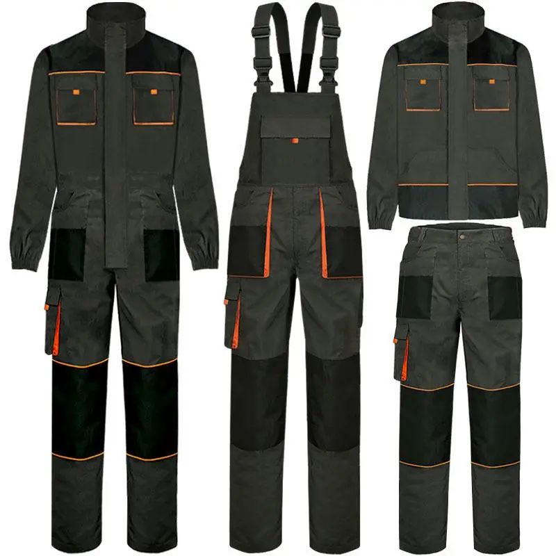 Men's Workwear Uniform Suit - Cotton Knit Long Sleeve Multi-Pocket Wear-Resistant Menswear Outfit, Multi-Size (2XL,3XL) for Car Maintenance, Work Safety, Knitting, All Seasons, Clothes, 4Xl, 5Xl, Full Length, Black Dungarees