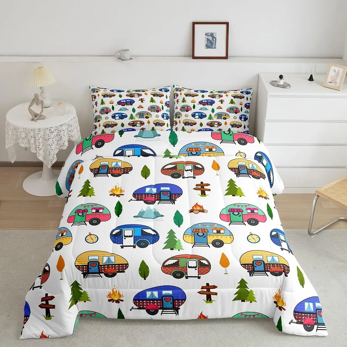 Happy Camping Decor Bedding Set,Camping Gifts Comforter Set,Ultra Soft Travel Trailers Themed Comforter,Outdoor Travel Duvet Set,Room Decor Quilt Set