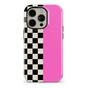 Checker Solid Pink Black and Cream Tough iPhone Case Tough Cases iPhone, Iphone X 11 12 13 14 15 16 17 Pro Max Mini