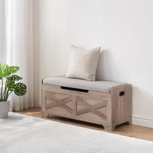 【Christmas Gift】Storage Chest, Wood Storage Bench with Seating and 2 Safety Hinge, Entryway Bench with Storage, Farmhouse Storage Chest Trunk for Bedroom, Living Room, Grey Furniture Seater Home Organize Modern Design