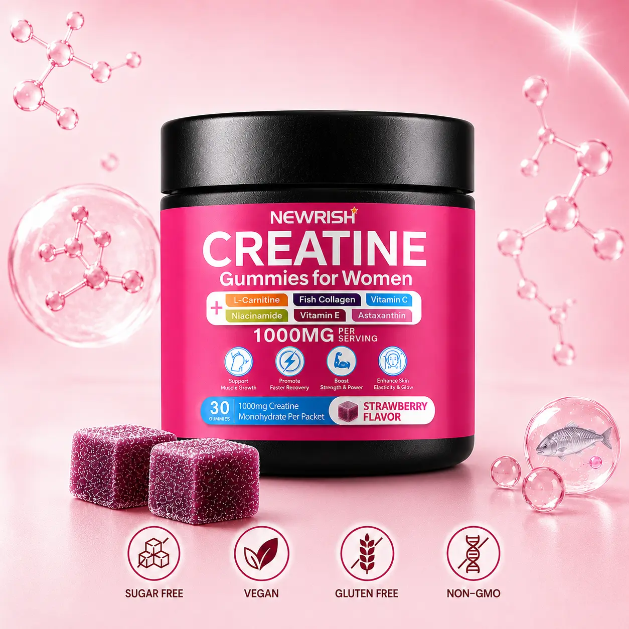 Newrish Creatine for Women-1000mg Creatine Monohydrate + 100mg Collagen, Astaxanthin, Niacinamide and Vitamins C and E-Strawberry Flavor-Full Health Supplement for Women-30 Tablets