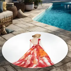 360 stand 5x5 ft. Red Figurative Printed Face Round Indoor Outdoor Rug, Easy Cleaning Circular Carpet with Prom Dress Motif for Patio/Garden Home Decor, Indoor Outdoor Rugs, Round Shape