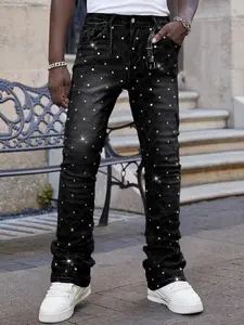 Rhinestone Embellished Slim-Fit Jeans, a pair of hipster, skateboarding, rap, dance, and street style jeans, featuring a slim-fit design, a straight silhouette that makes the legs appear slimmer, and a fashionable, comfortable denim fabric suitable for ev