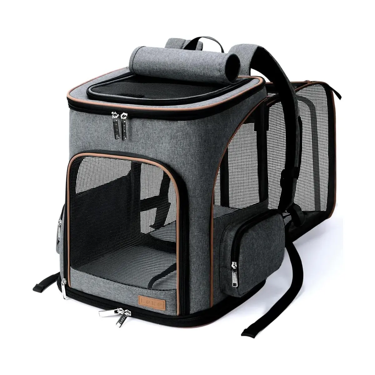 LEKESKY Expandable Airline-Approved Animal Carrier Backpack for Small Cats (Under 15lbs) - Foldable Polyester Mesh, Zipper, Buckle, Inner Safety Leash, Anxiety-Reducing Grey Pet Travel Essential, Folds Flat For Easy Storage