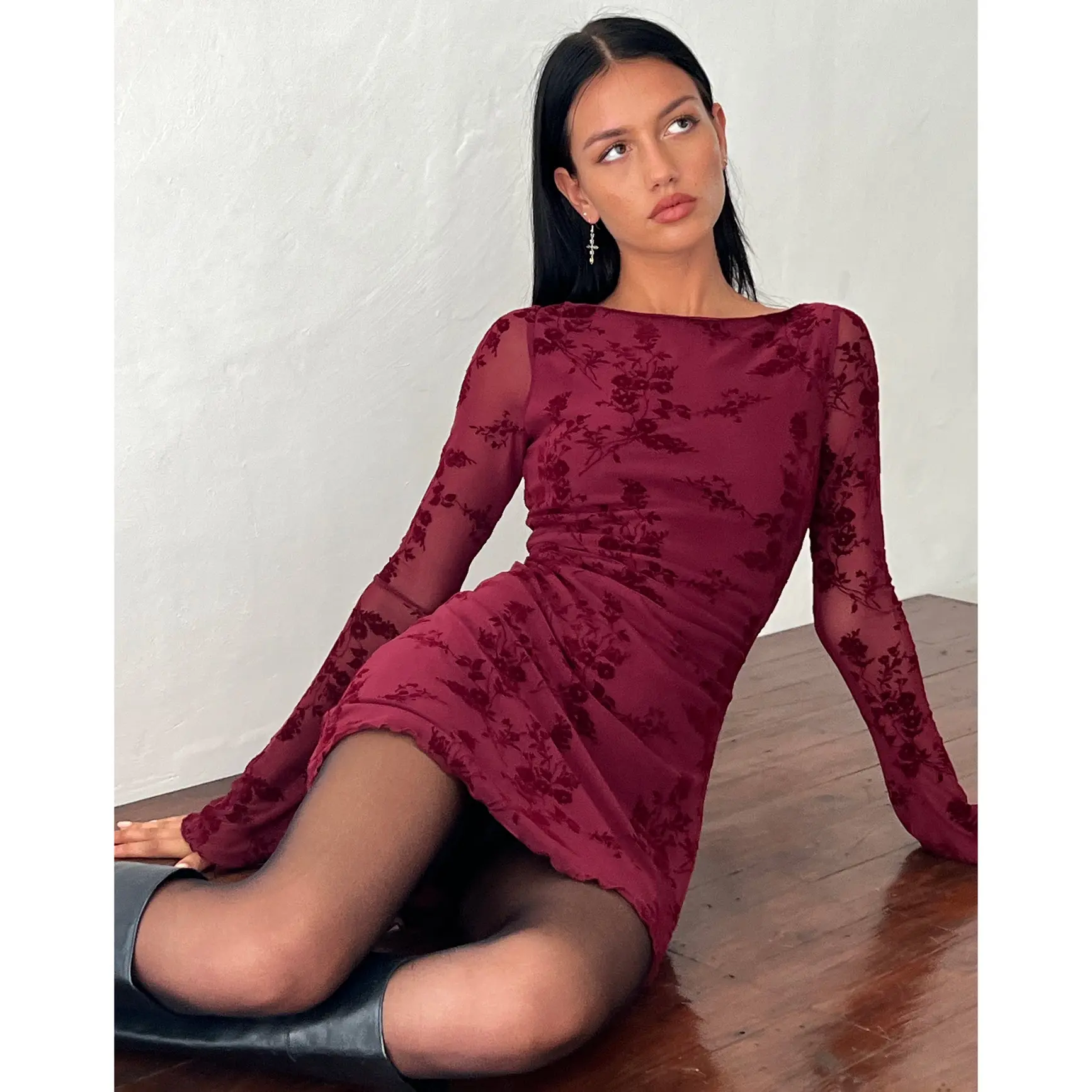 Sevila Long Sleeve Mini Dress in Flocked Botanical Flower Maroon