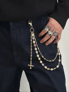 Wallet Chain Layered Pants Chains for Men Women, Punk Jeans Key Chain Accessories Exquisite Rhinestone Flower Pearl