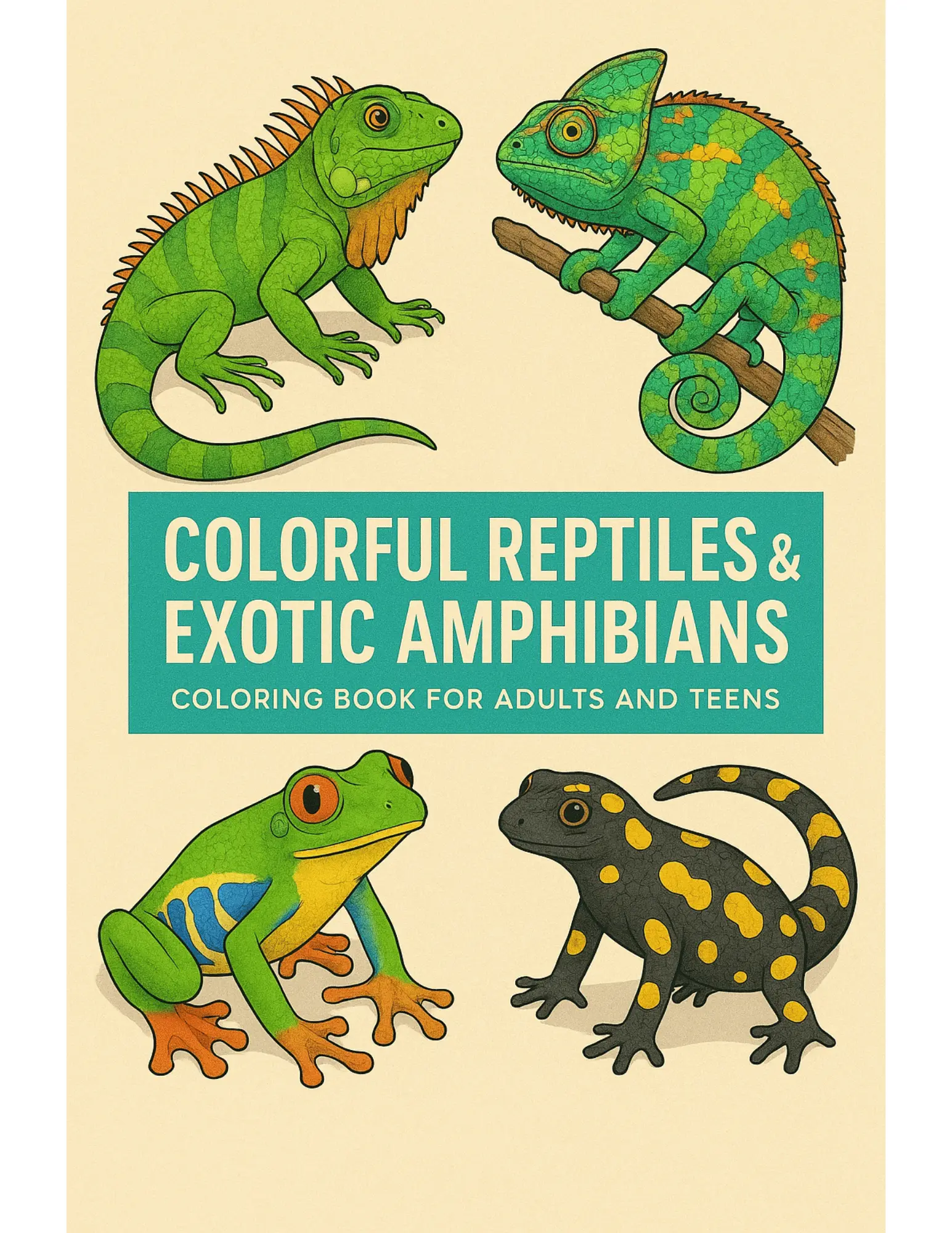 Colorful Reptiles and Exotic Amphibians Coloring Book Sheets For Adults and Teens