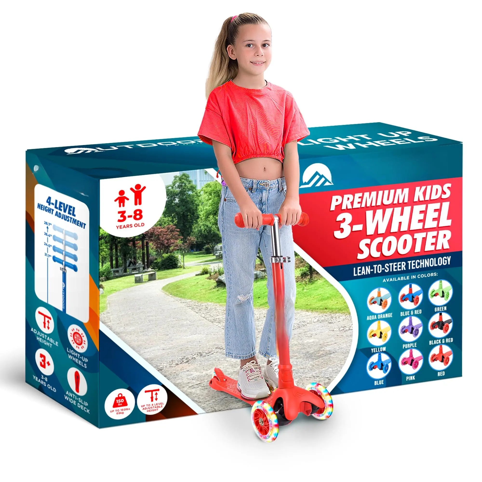 Outdoor Cruiser 3-wheel Scooter - With Lean-to-steer Technology  Wide Deck Led Lighted Wheel 4-level Adjustable Height T-bar Handle Support Up To 150 Lbs For & Ages 3-8 Red