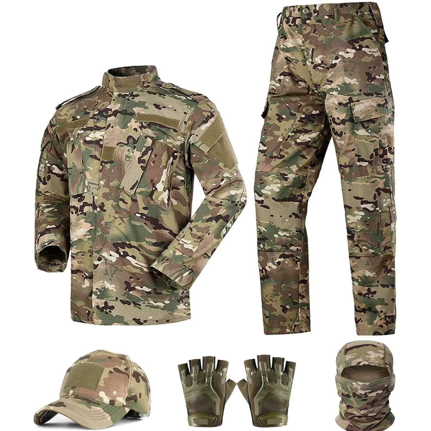 Men's Black Camo Tactical Workwear Set - Cotton Protective Combat Pants, Shirt, Cap, Gloves, Balaclava, Menswear with Pockets for Airsoft Military Use (Velvet Bloom15), Clothes