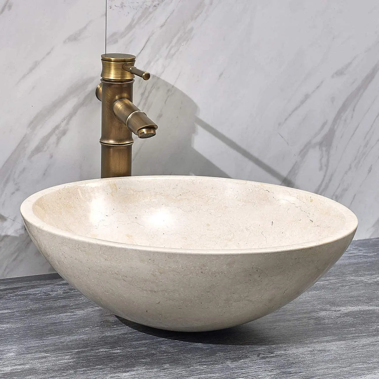 Randolph Morris Modern Curved Carved Marble Brighton Vessel Bathroom Sink with Smooth Finish, Compatible with Standard Faucets