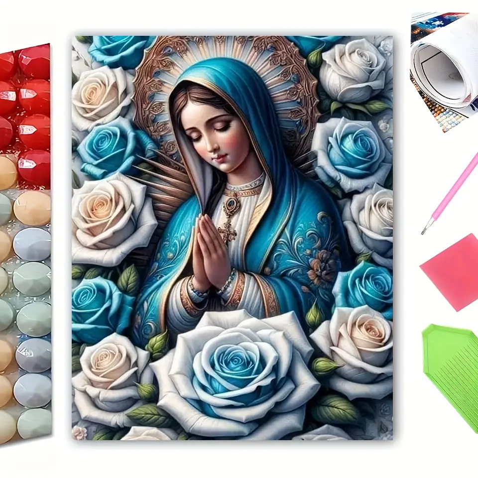 Virgin Mary 5D DIY Diamond Painting Hobbies Kit for Adults - 1pc 40x50cm Full Mosaic with Glue, 30% Coloured Round Acrylic Diamonds, Decorative Religious Craft, Waterproof Room Decor Gift, Hobbies Kit Adults, Crafting